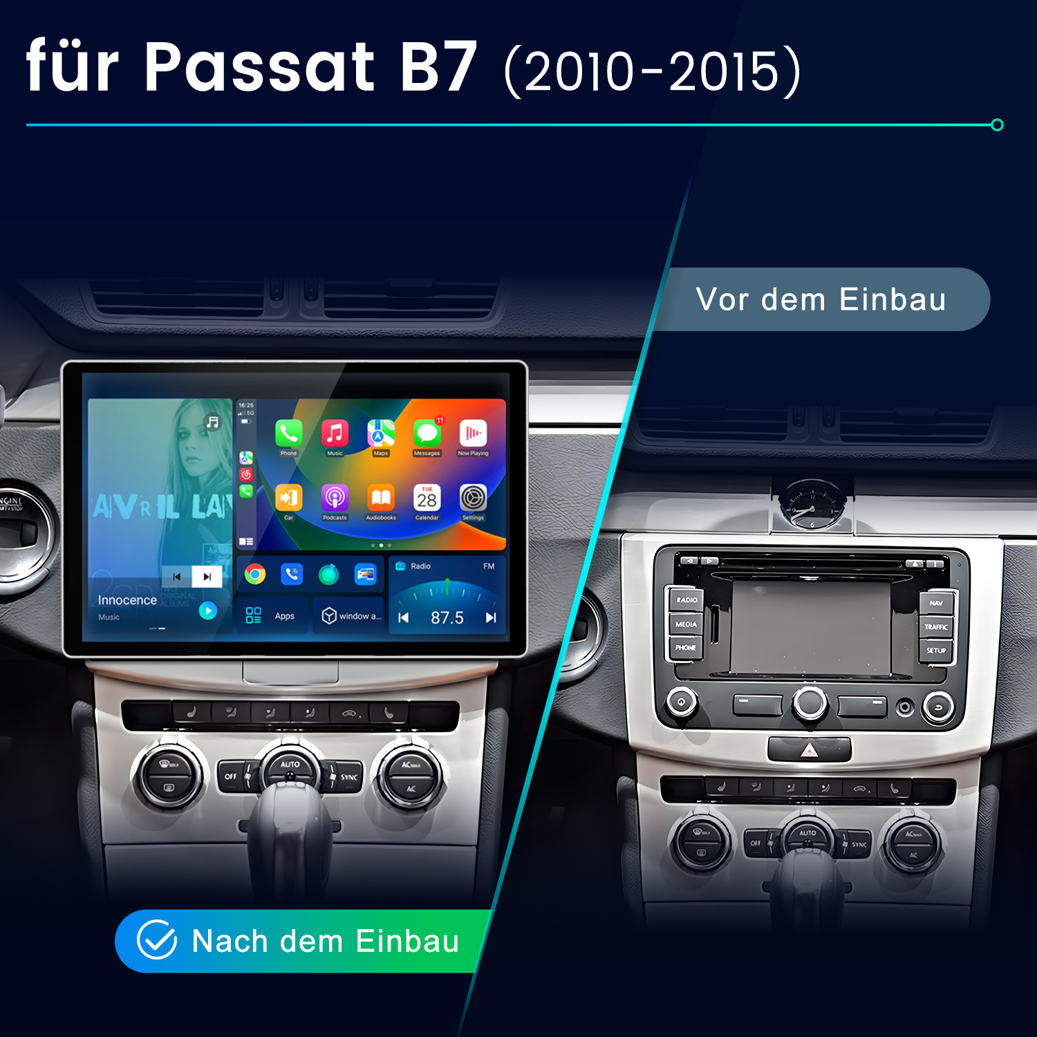 Das Bild zeigt das Armaturenbrett eines Autos. Linke Seite: neues Infotainmentsystem. Rechte Seite: Originalradio. Text erklärt die Installation.