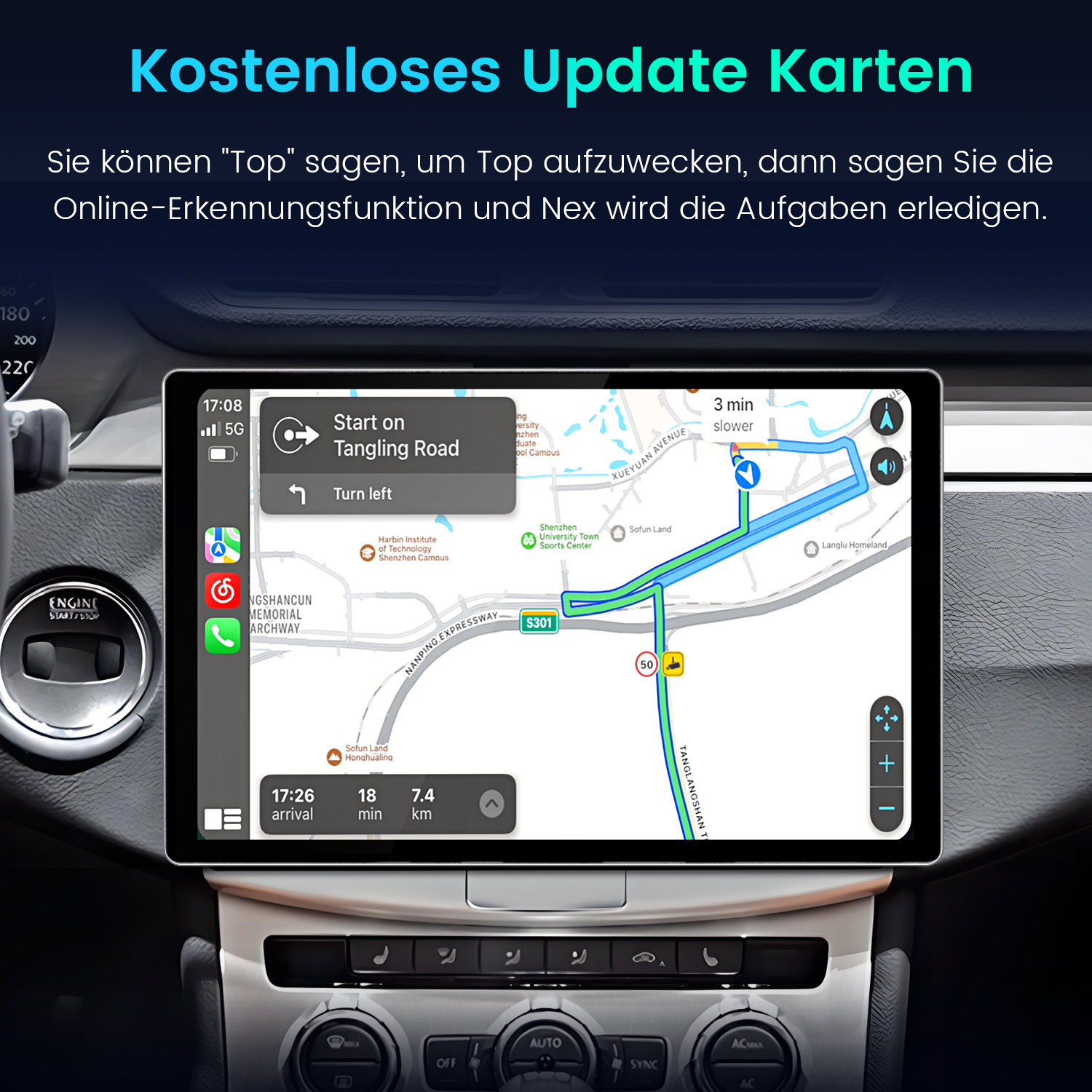 Auto-Navigationsbildschirm mit Karten und Routenführung. Das Auto-Interieur ist mit Bedienelementen und Startknopf sichtbar.