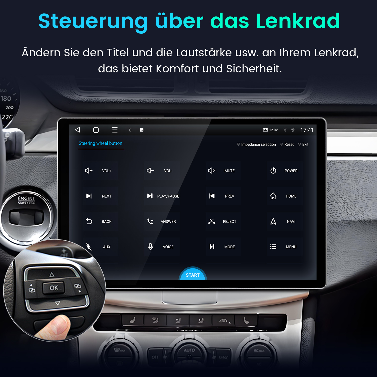 Auto-Armaturenbrett mit Bildschirm, der Bedienelemente anzeigt. Lenkradtasten und Text auf Deutsch. Eine Hand drückt eine Taste.