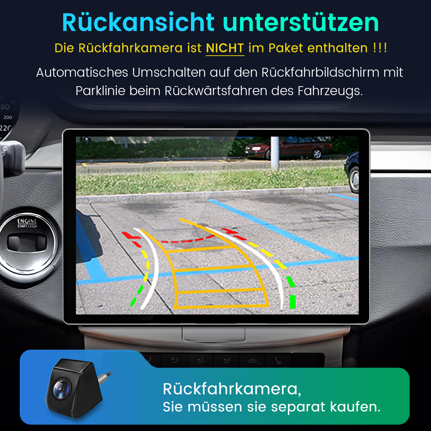 Auto-Innenraum mit Bildschirm, der eine Parkansicht zeigt. Eine Rückfahrkamera wird unten gezeigt. Text auf Deutsch erklärt die Funktion.