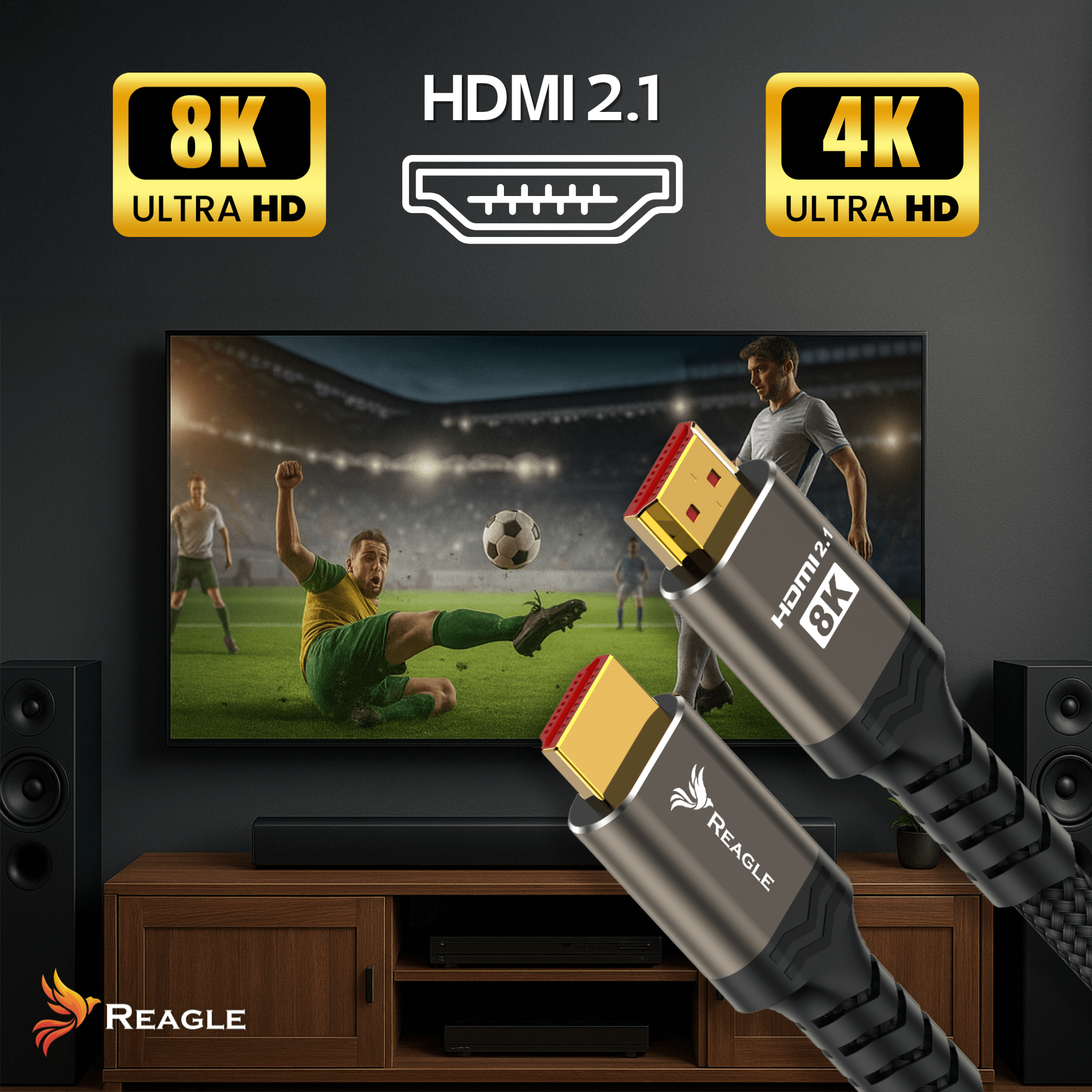 Obrazek przedstawia kable HDMI, telewizor z meczem piłki nożnej i logo 8K Ultra HD. Kable mają tekst 8K HDMI 2.1.