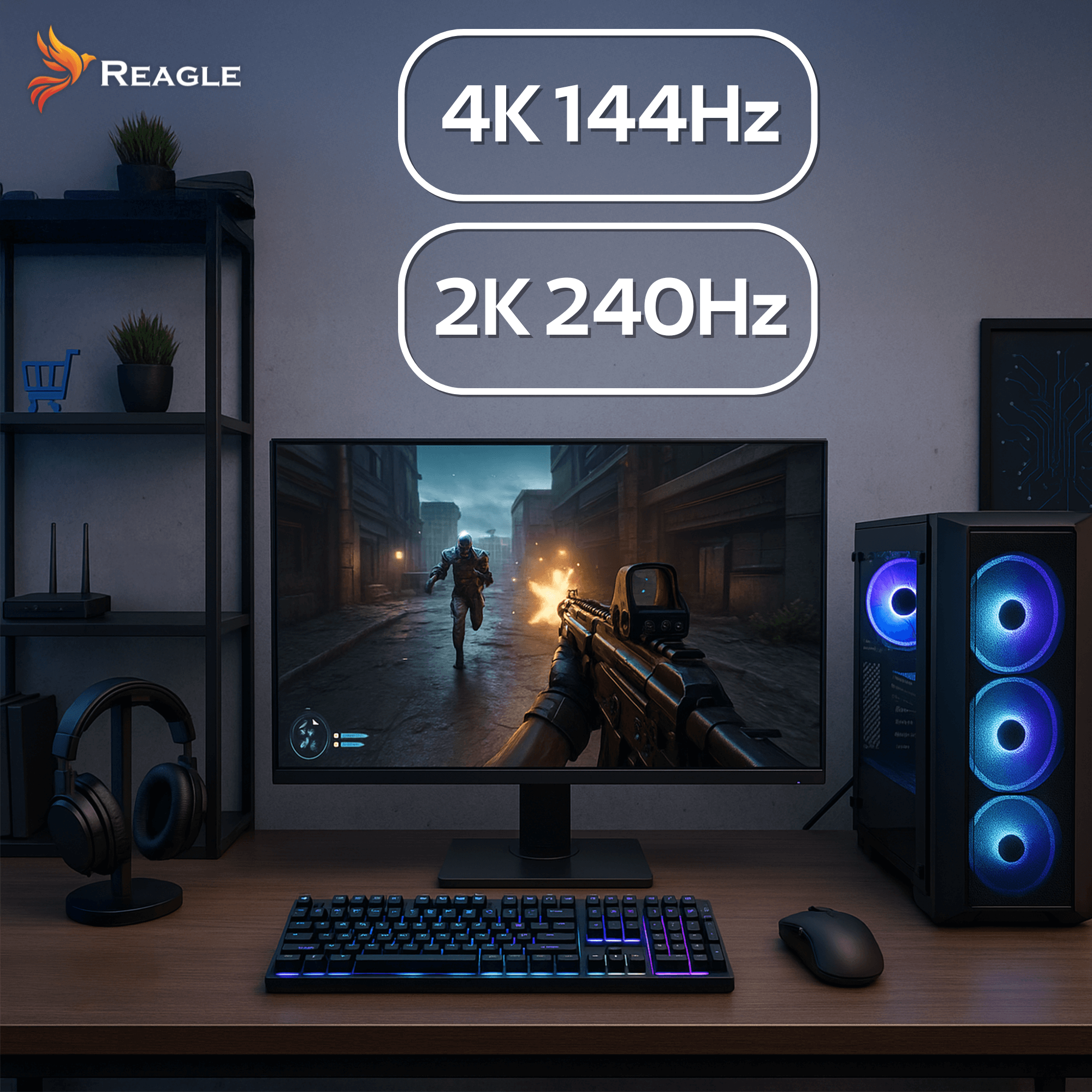 Konfiguracja do gier z monitorem, klawiaturą i komputerem. Ekran wyświetla grę FPS.