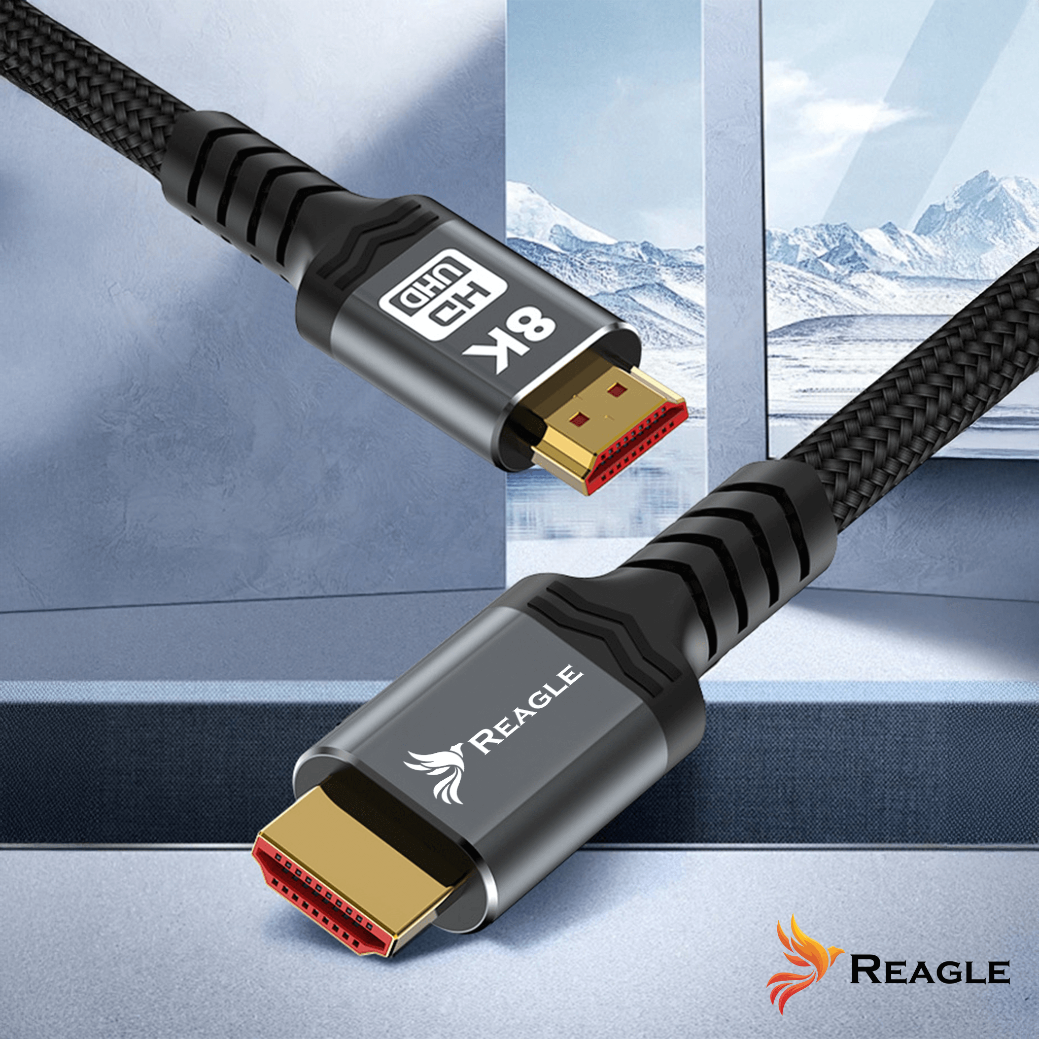 Dwa czarne kable HDMI ze złotymi złączami. Jeden kabel pokazuje "8K UHD". Tło przedstawia krajobraz górski.
