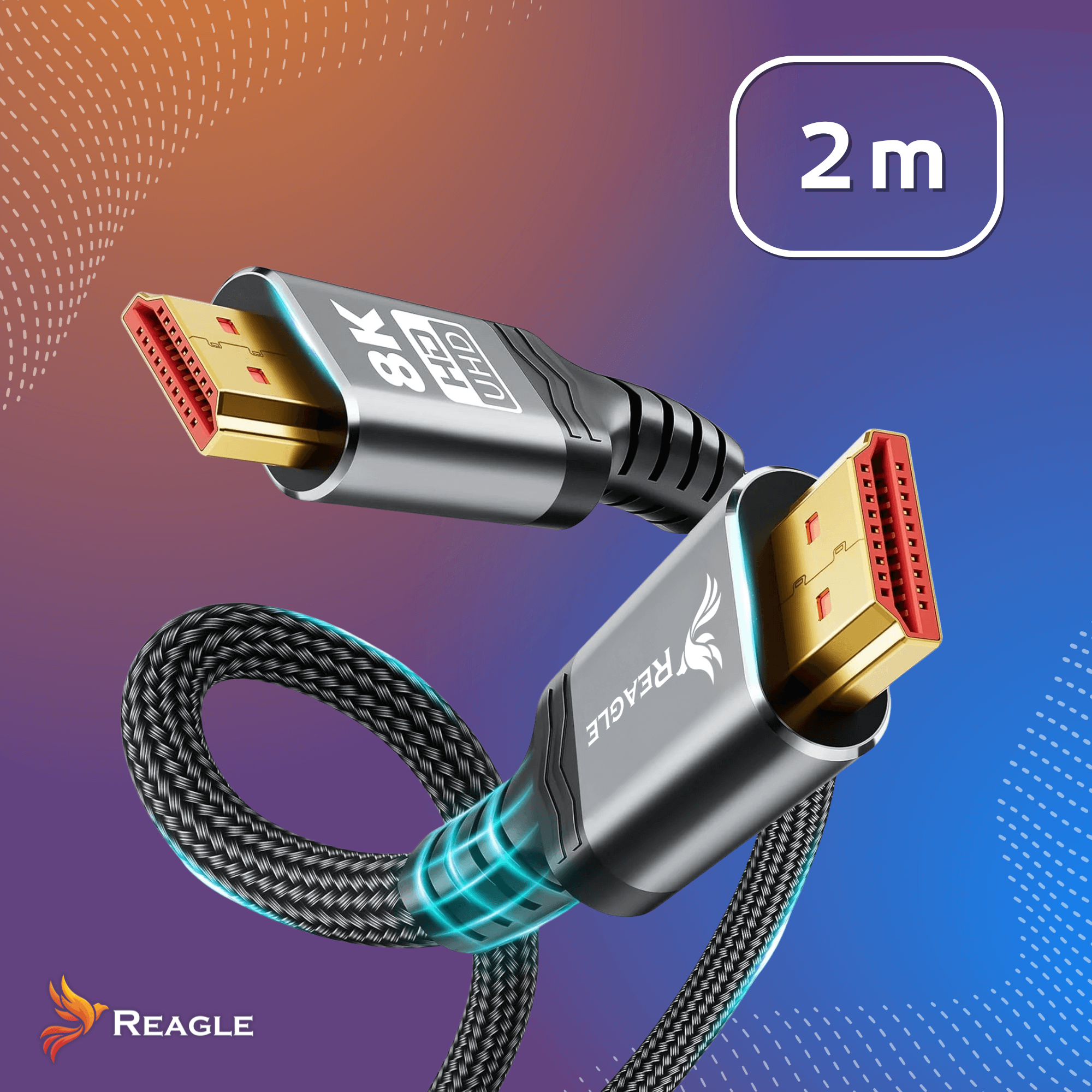 Kabel HDMI ze złoconymi złączami i czarnym plecionym kablem. Tło ma gradienty i białą etykietę '2m'.
