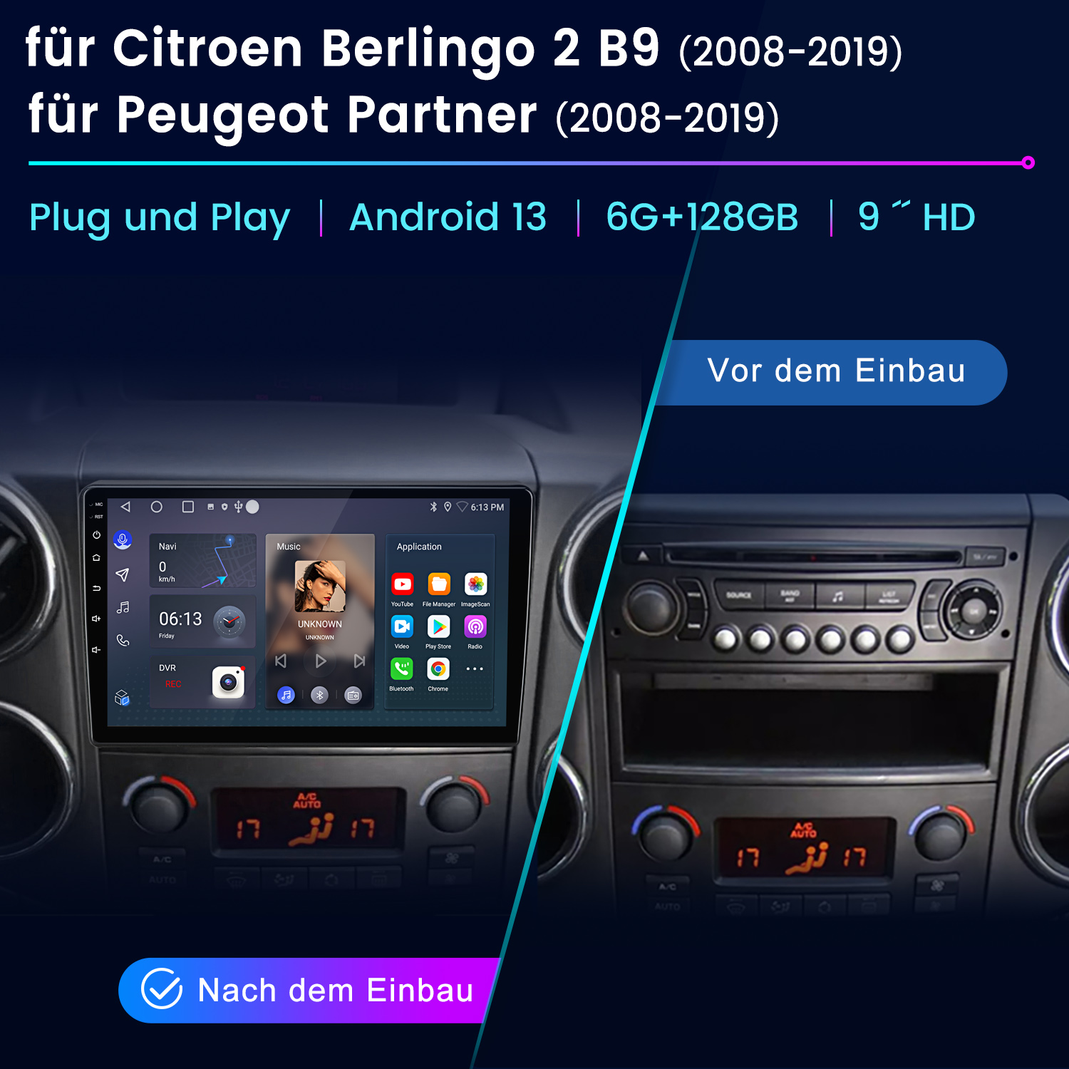 Vergleich des Armaturenbretts: Vor und nach dem Einbau eines neuen Bildschirms. Der neue Bildschirm zeigt Apps und Navigation.