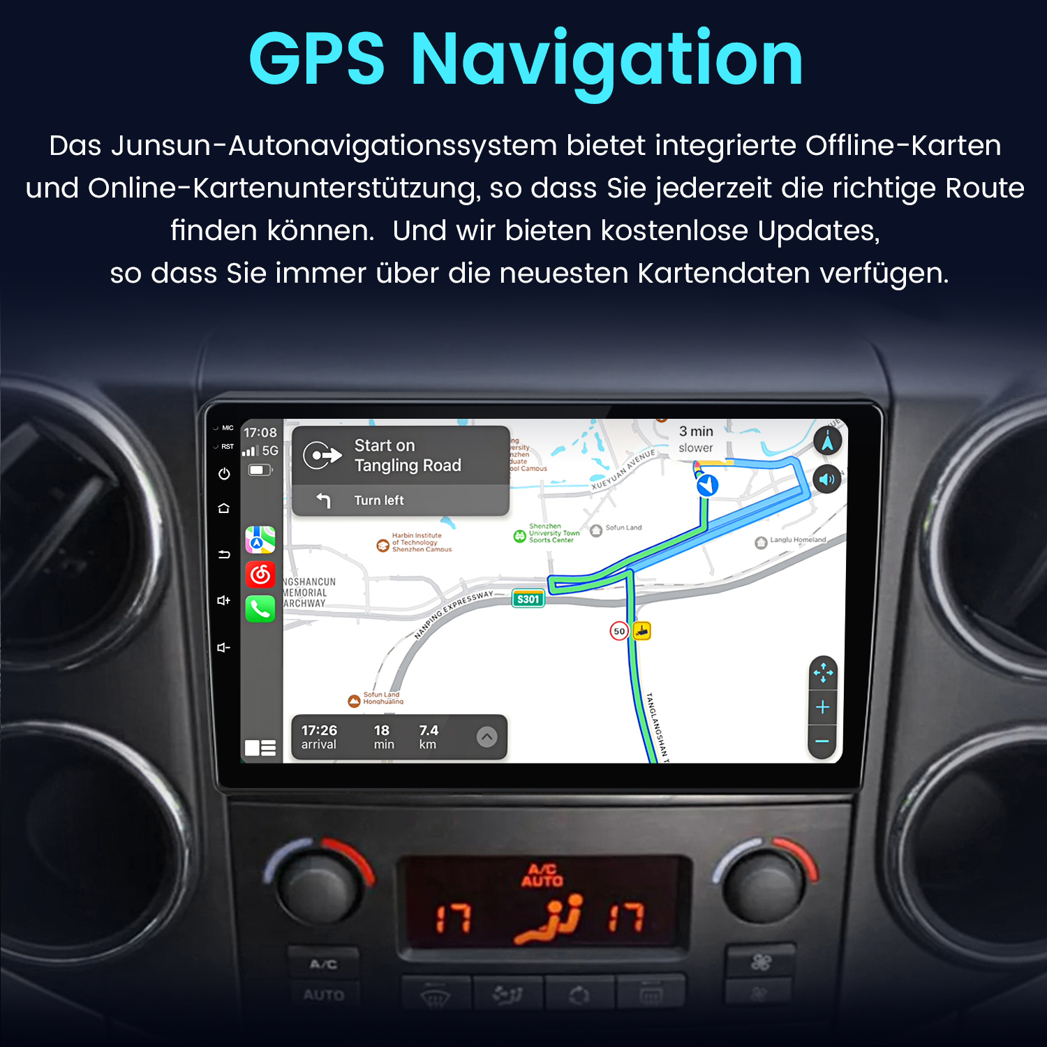 Auto-Armaturenbrett mit GPS-Navigationsbildschirm, der eine Routenkarte anzeigt. Digitalanzeige mit Autokontrollen und Klimaanlage.