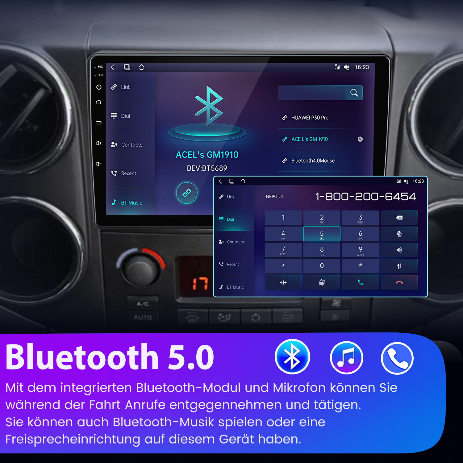 Auto-Armaturenbrett mit Bluetooth 5.0-Display. Zeigt Wähltasten, Anrufoptionen und Musiksteuerung auf einem Touchscreen.