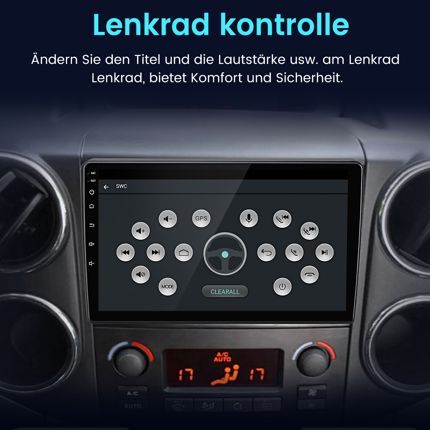 Armaturenbrett eines Autos mit Touchscreen-Display. Steuerung für Audio, GPS und Klima sichtbar. Text auf Deutsch: 'Lenkrad Kontrolle'.