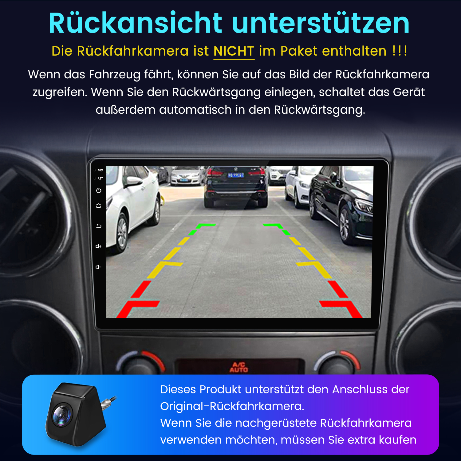 Das Armaturenbrett eines Autos zeigt eine Rückfahrkameransicht mit farbigen Linien. Unten ist eine Kamera zu sehen. Text auf Deutsch vorhanden.