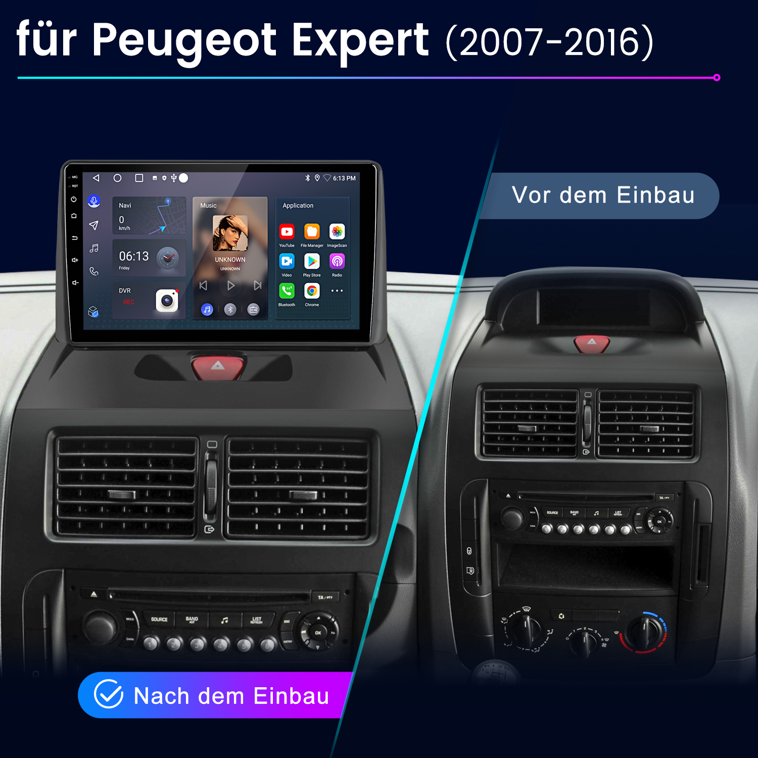 Vergleich des Armaturenbretts eines Autos vor und nach der Installation eines Bildschirms. Neuer Bildschirm zeigt Apps, altes Radio.