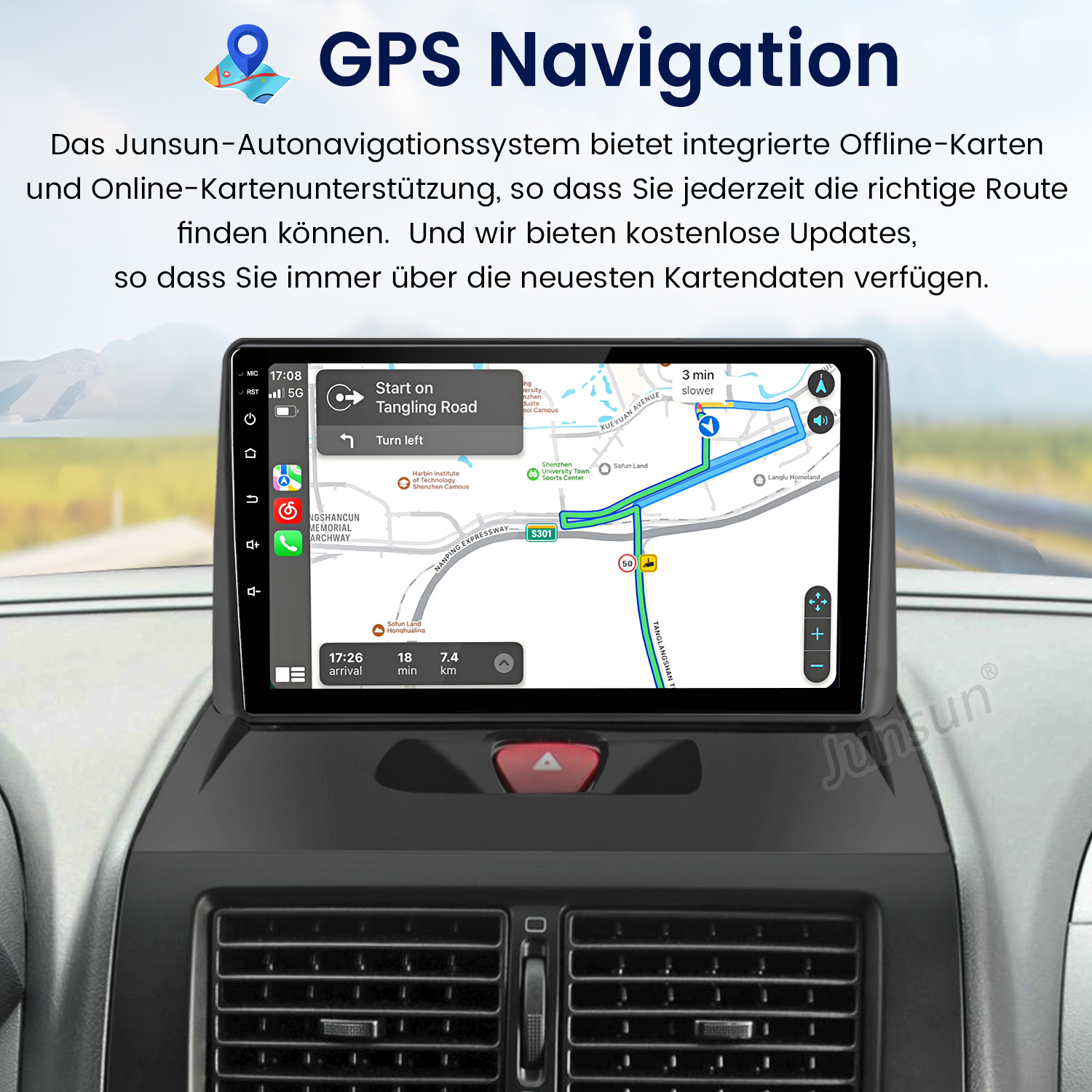 Auto-Armaturenbrett mit GPS-Navigationsbildschirm, der eine Route anzeigt. Das Armaturenbrett ist schwarz mit roten Knöpfen.