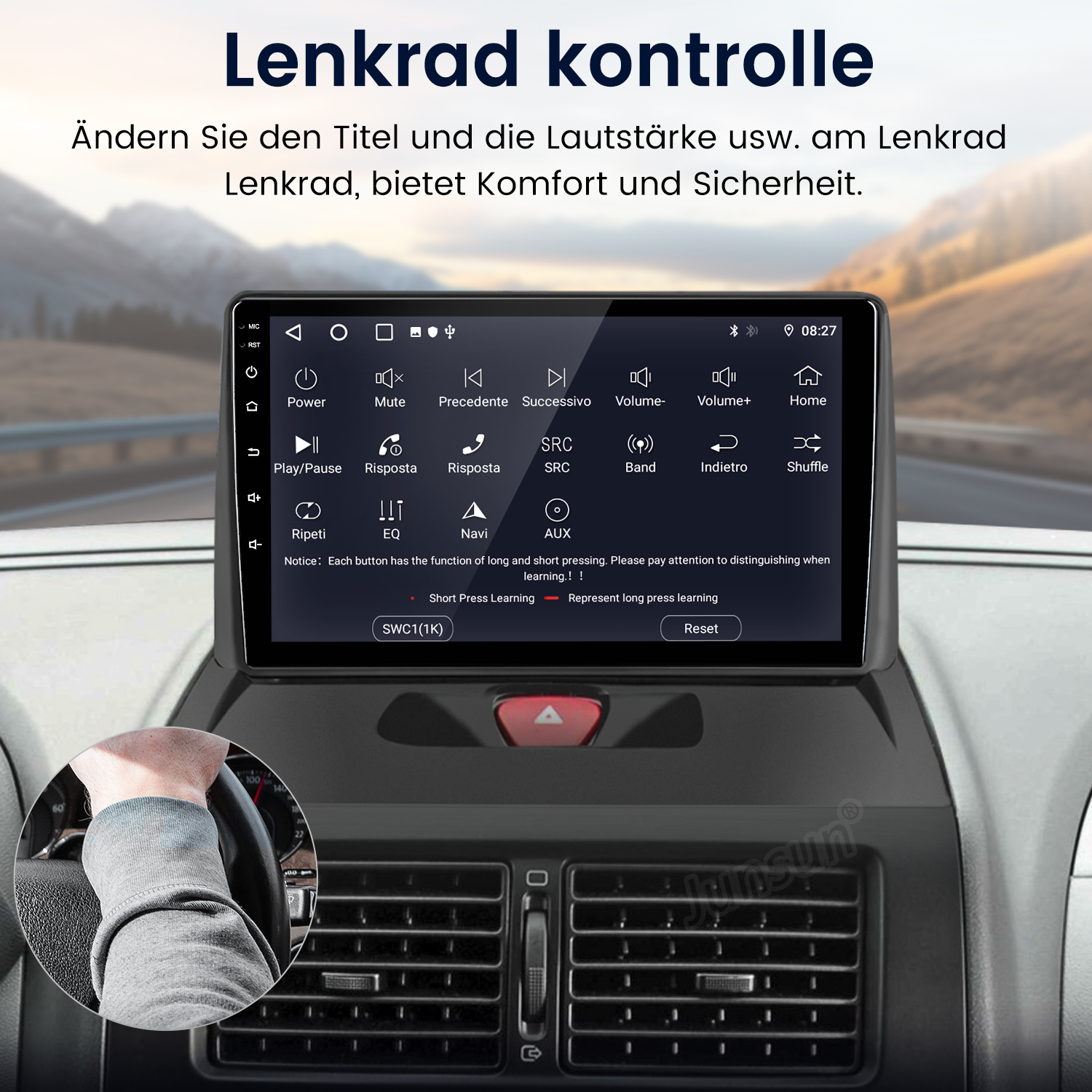 Auto-Armaturenbrett mit Touchscreen und Lenkrad. Eine Hand ist am Lenkrad. Auf dem Bildschirm sind Tasten sichtbar.