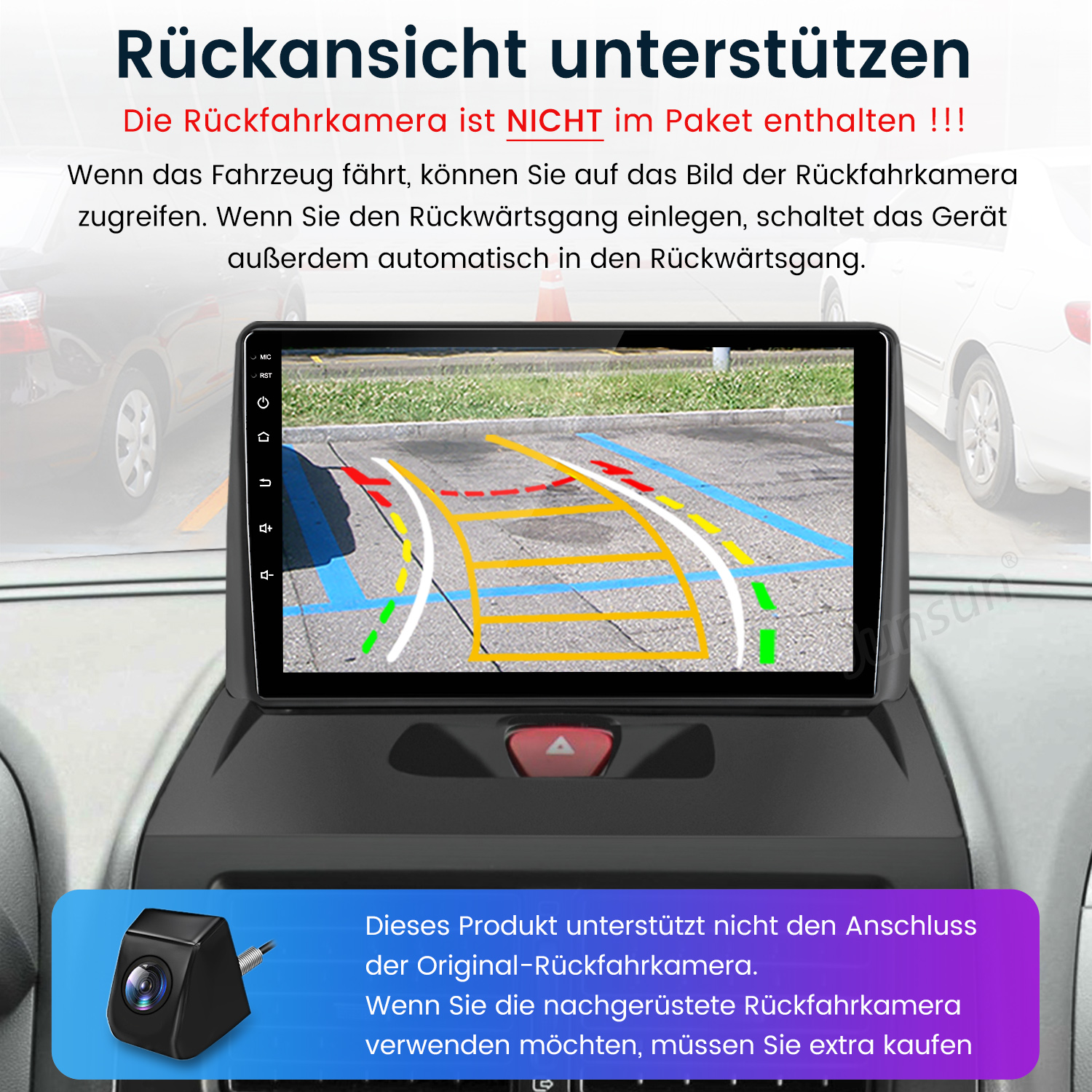 Armaturenbrett eines Autos mit Bildschirm, der eine Rückfahrkameransicht zeigt. Unten befindet sich eine kleine Kamera. Text auf Deutsch.