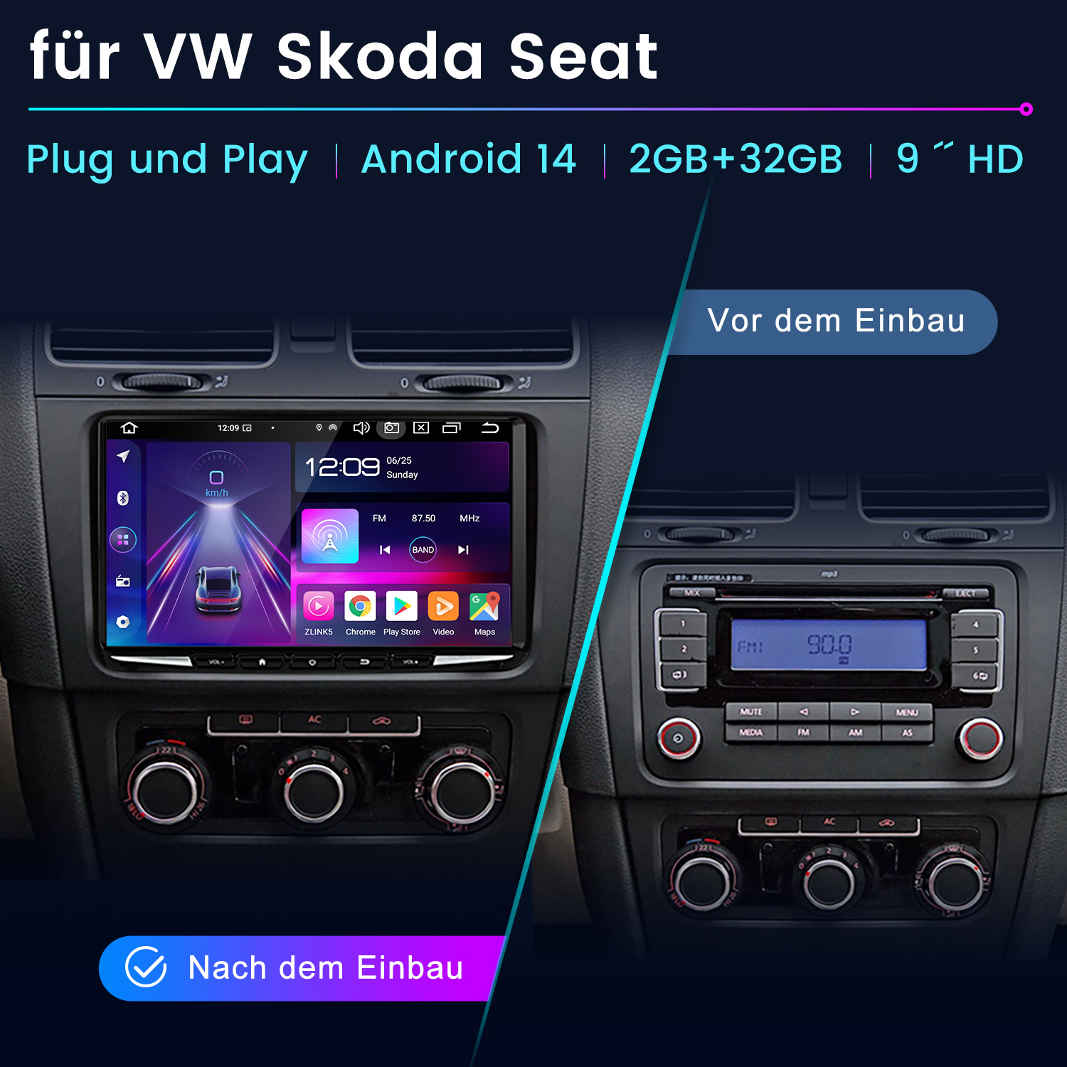 Obraz przedstawia deskę rozdzielczą samochodu z nową instalacją radia Android i oryginalnym radiem. Widoczne są teksty w języku niemieckim i funkcje takie jak Android 14.