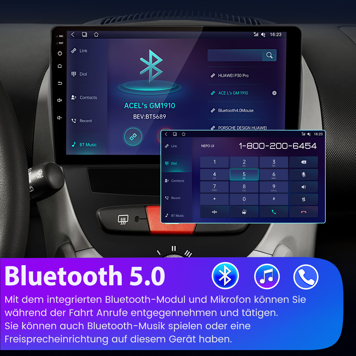 Infotainment-System des Autos. Der Bildschirm zeigt die Bluetooth-Oberfläche mit Wähloptionen und angeschlossenen Geräten.