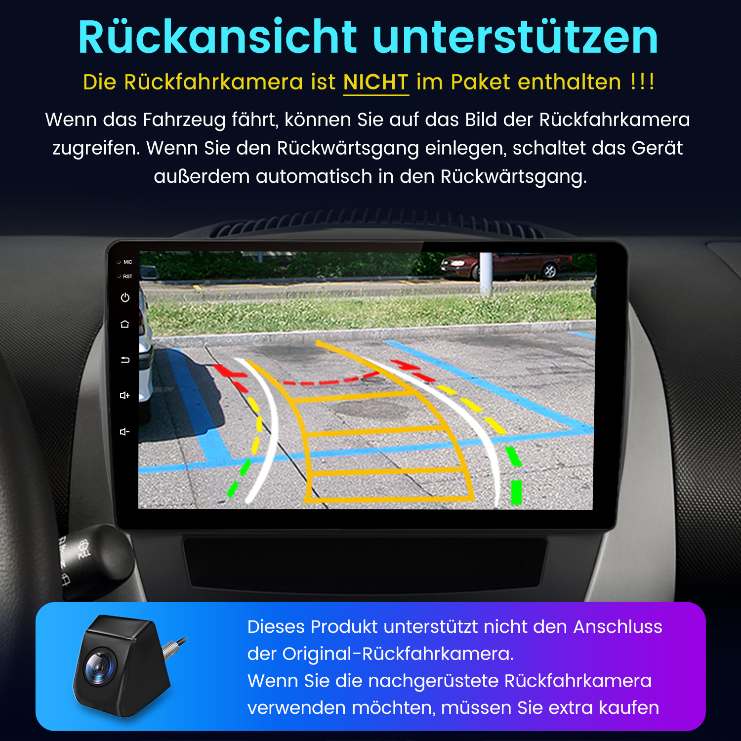 Auto-Display zeigt Rückfahrkamera mit farbigen Linien, schwarze Kamera in der Ecke und Text auf Deutsch.