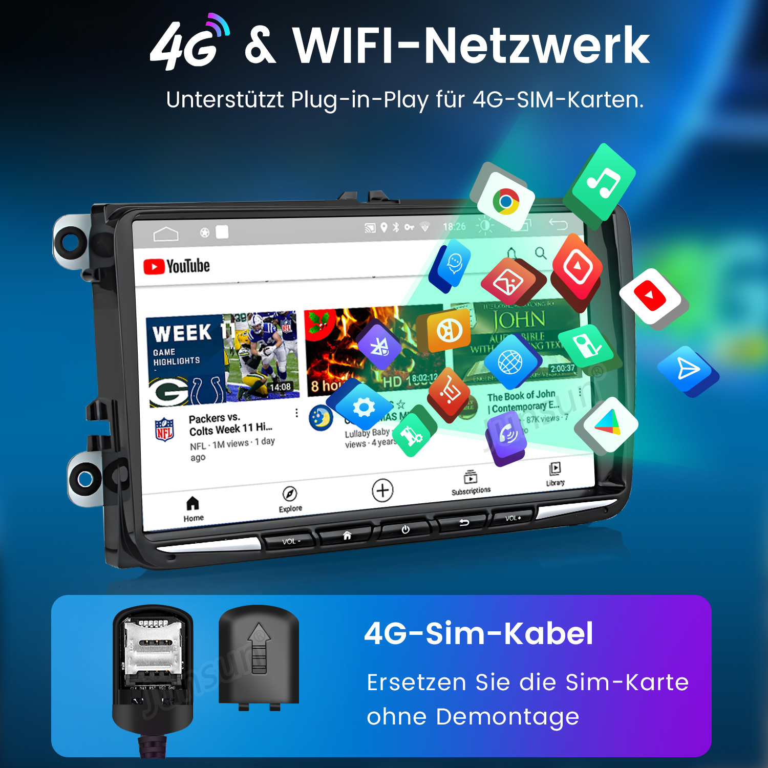 Radio samochodowe z filmem YouTube. Ikony aplikacji unoszą się. Na dole grafika: 4G-Sim-Kabel.