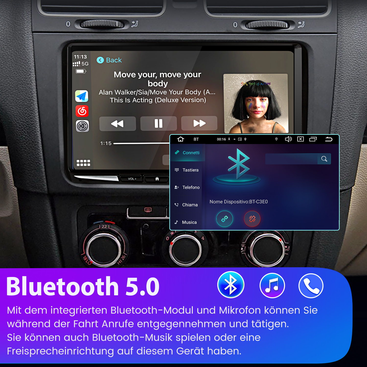 Radio samochodowe z Bluetooth 5.0, odtwarzające muzykę. Ekran pokazuje muzykę i opcje połączenia.