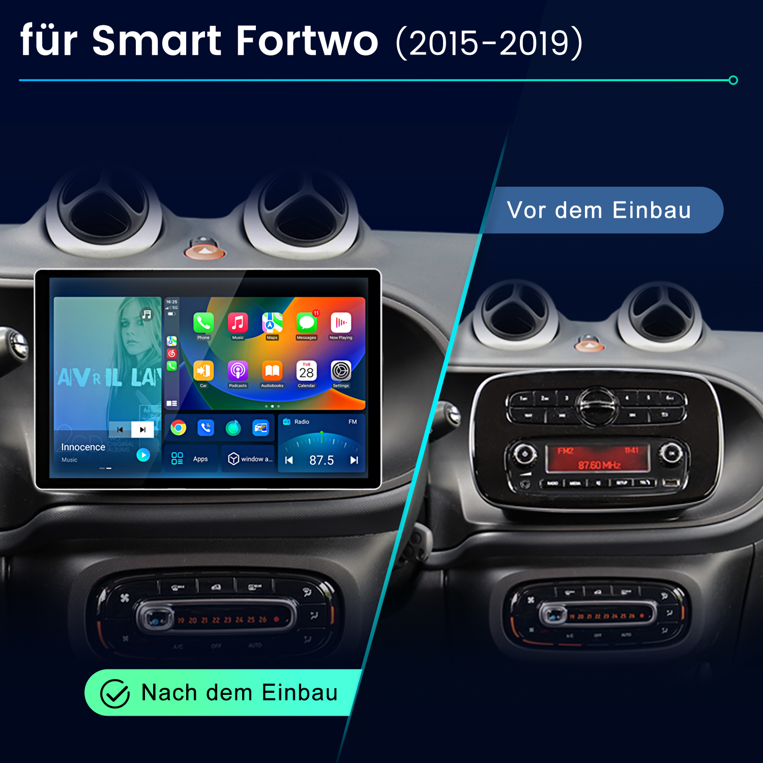 Armaturenbrett vor und nach dem Radioaustausch. Zeigt das alte Radio rechts und einen neuen Touchscreen links.