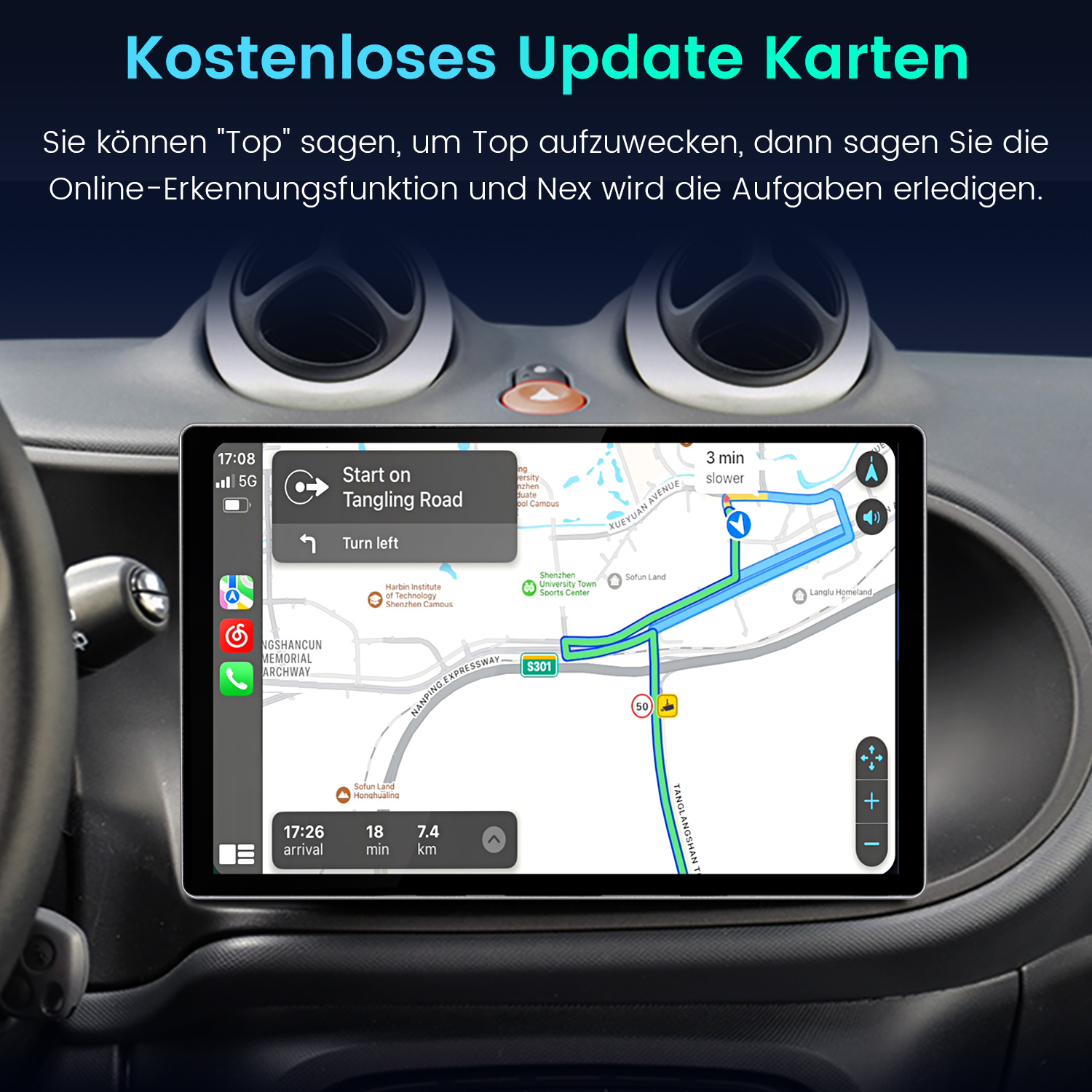 Armaturenbrett mit Navigationskarte. Zeigt Route mit Straßennamen und geschätzter Ankunftszeit. Das Innere des Autos ist sichtbar.
