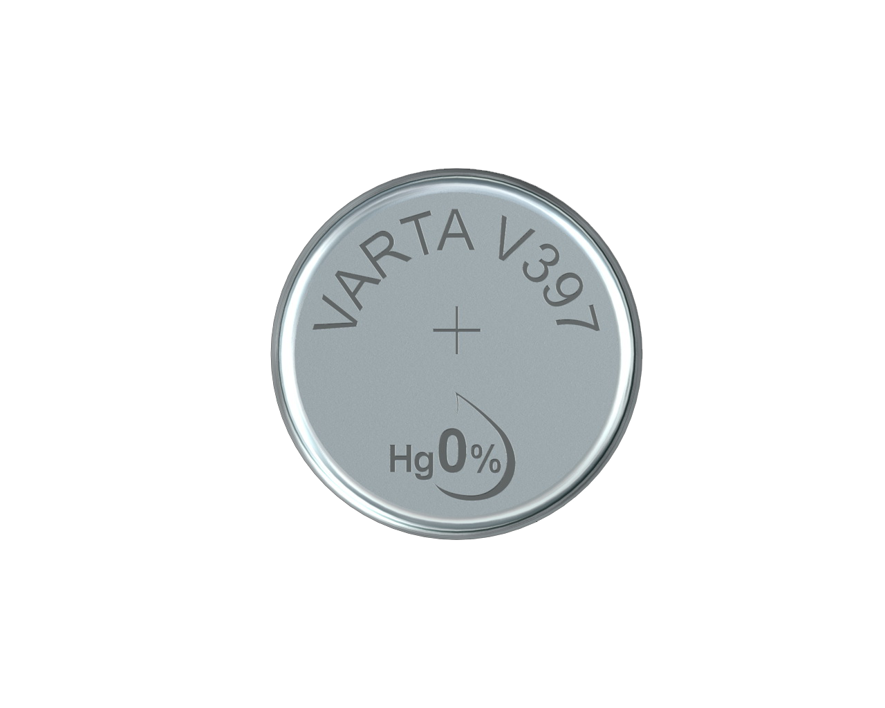 Srebrna bateria Varta V397 na białym tle. Ma logo Varta i nadruk Hg 0%.