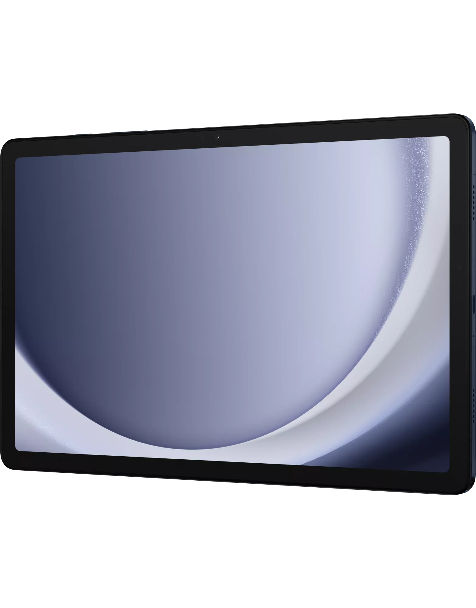 Tablet z niebieskim ekranem wyświetlającym abstrakcyjne białe i niebieskie kształty na białym tle.