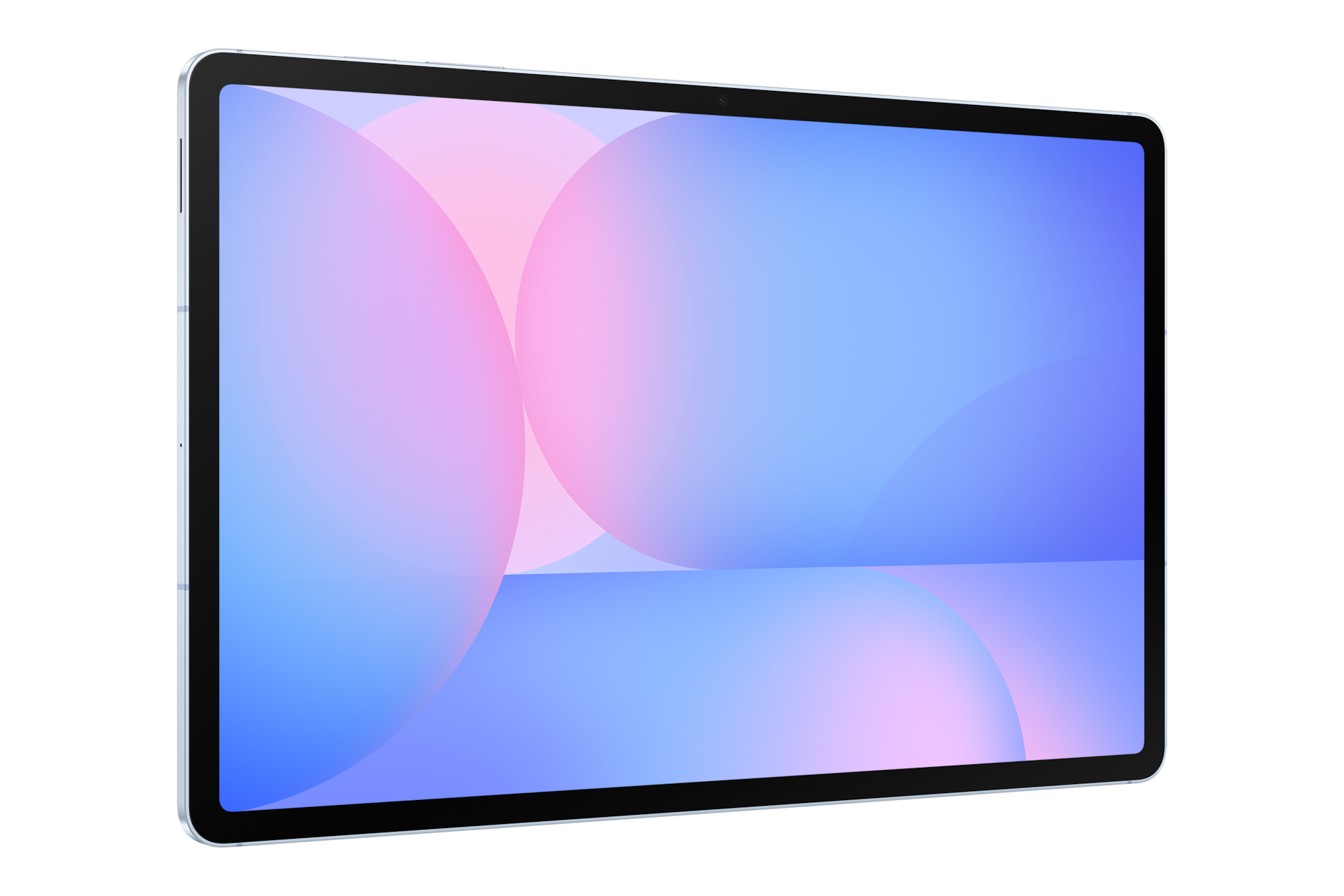 Tablet z czarnym ekranem wyświetlającym niebieskie i różowe gradienty. Tablet ma jasnoniebieską ramkę i czarną obwódkę.