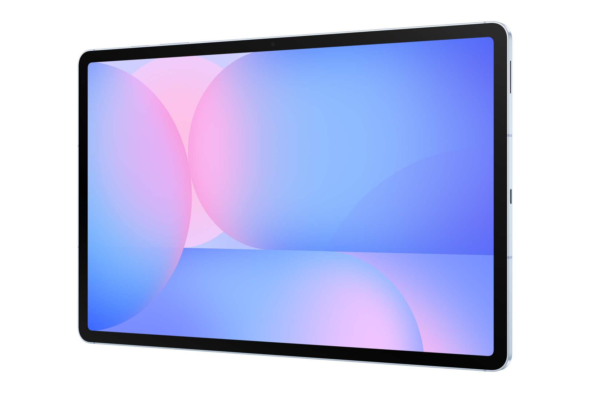 Una tableta sobre blanco. La pantalla tiene formas azules y rosas. La tableta es gris con borde negro. La cámara está arriba.