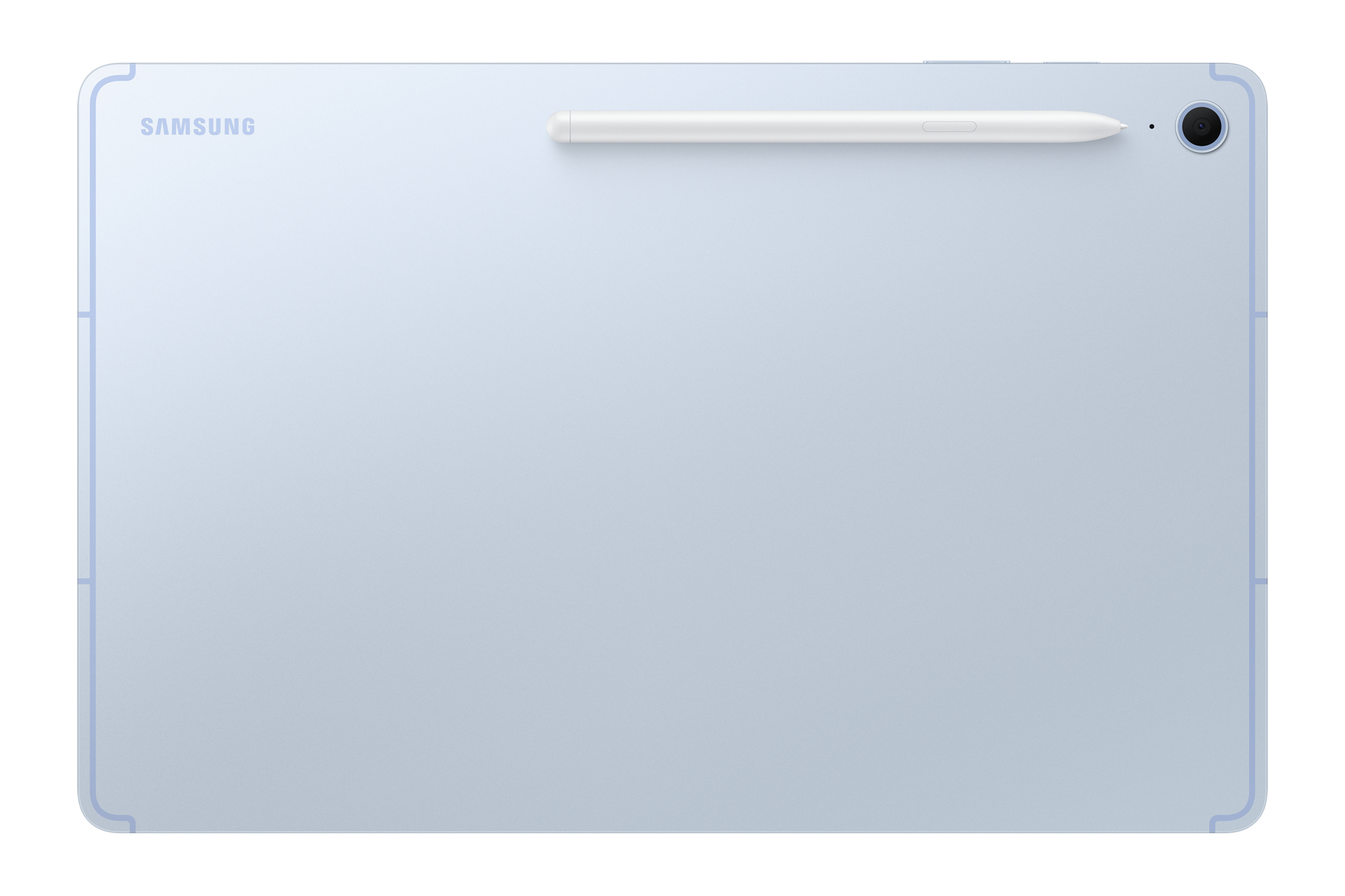 Jasnoniebieski tablet Samsung z białym rysikiem. Tablet ma aparat i logo Samsung. Białe tło.