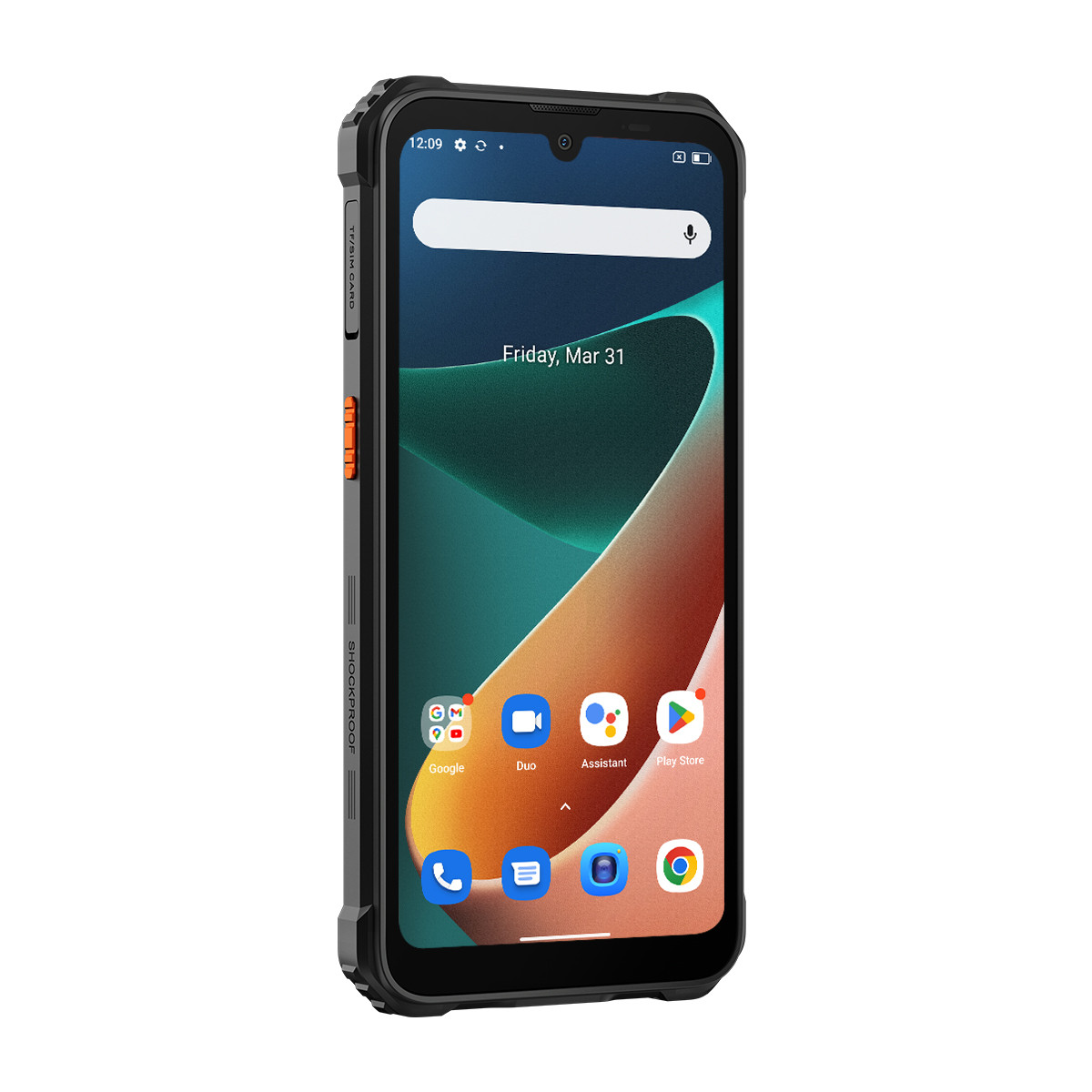 Ein robustes Smartphone zeigt seinen Startbildschirm. Der Bildschirm zeigt das Datum, App-Symbole und eine Suchleiste. Das Telefon hat einen schwarzen Rahmen.