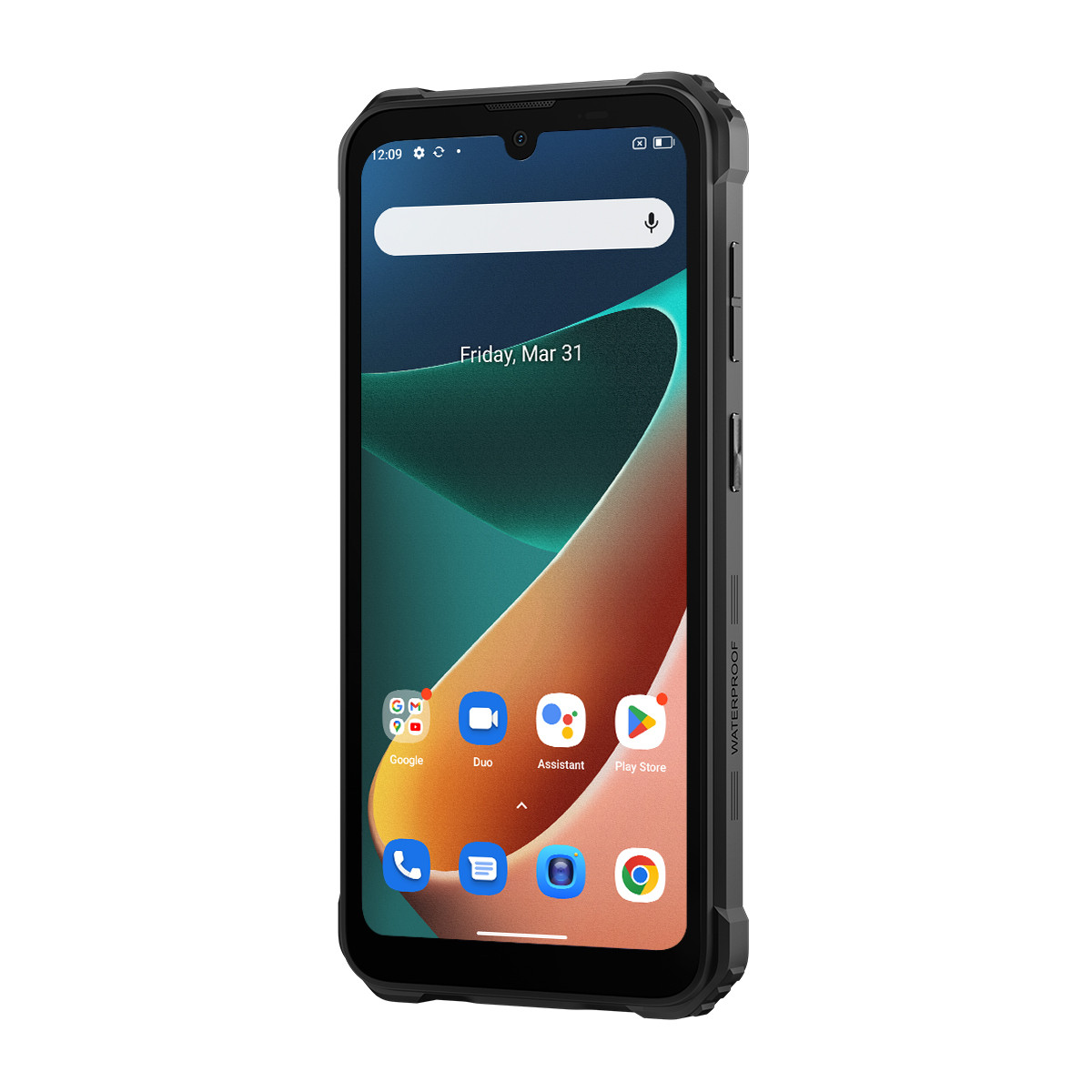 Schwarzes Smartphone mit robustem Gehäuse. Der Bildschirm zeigt Apps und Datum mit farbenfrohem, abstraktem Hintergrund.