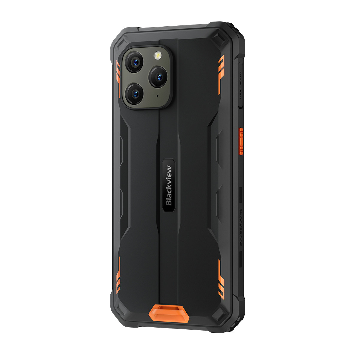 Schwarze, robuste Handyhülle. Schwarz mit orangefarbenen Akzenten. Verfügt über drei Kameralinsen und das Blackview-Logo.