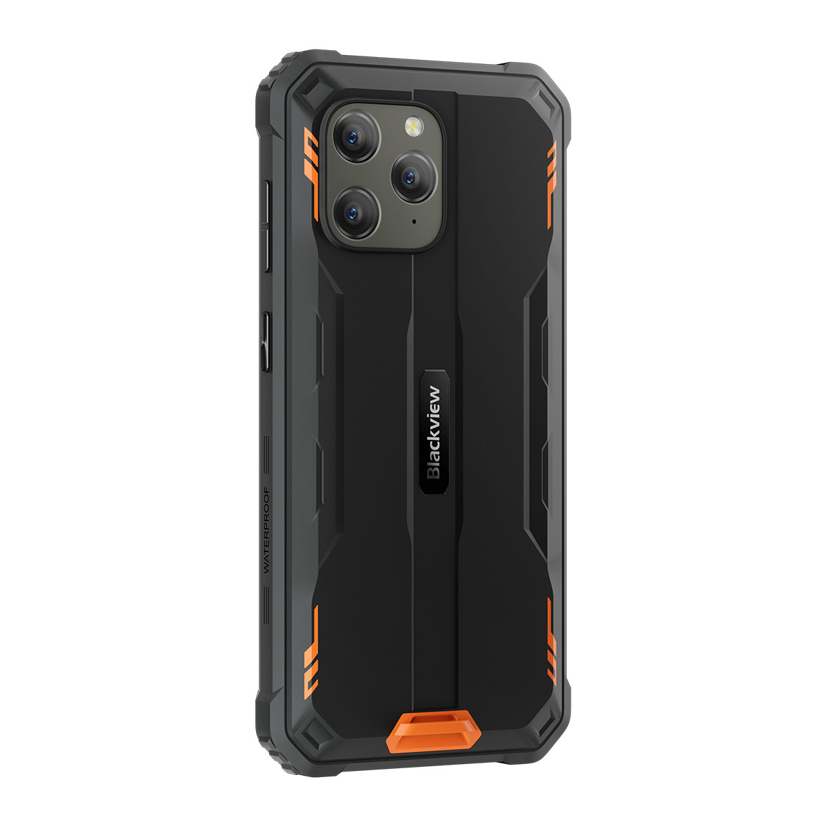 Schwarze Handyhülle mit orangefarbenen Akzenten, Dreifachkamera und Blackview-Logo. Die Hülle ist robust und wasserdicht.