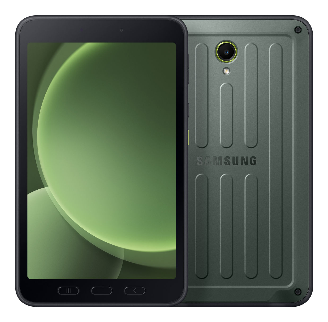 Un tablet Samsung verde scuro, vista anteriore e posteriore. Lo schermo mostra una sfumatura verde. Il retro ha una fotocamera e linee verticali.