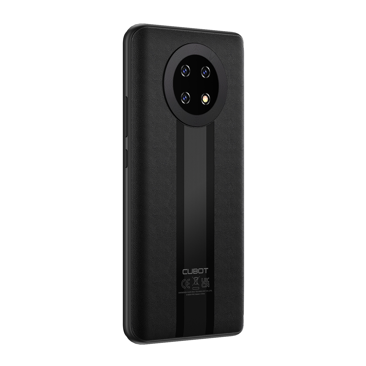 Czarny tył smartfona z okrągłym modułem aparatu, pionowym paskiem i marką. Zawiera cztery aparaty i teksturowany tył.