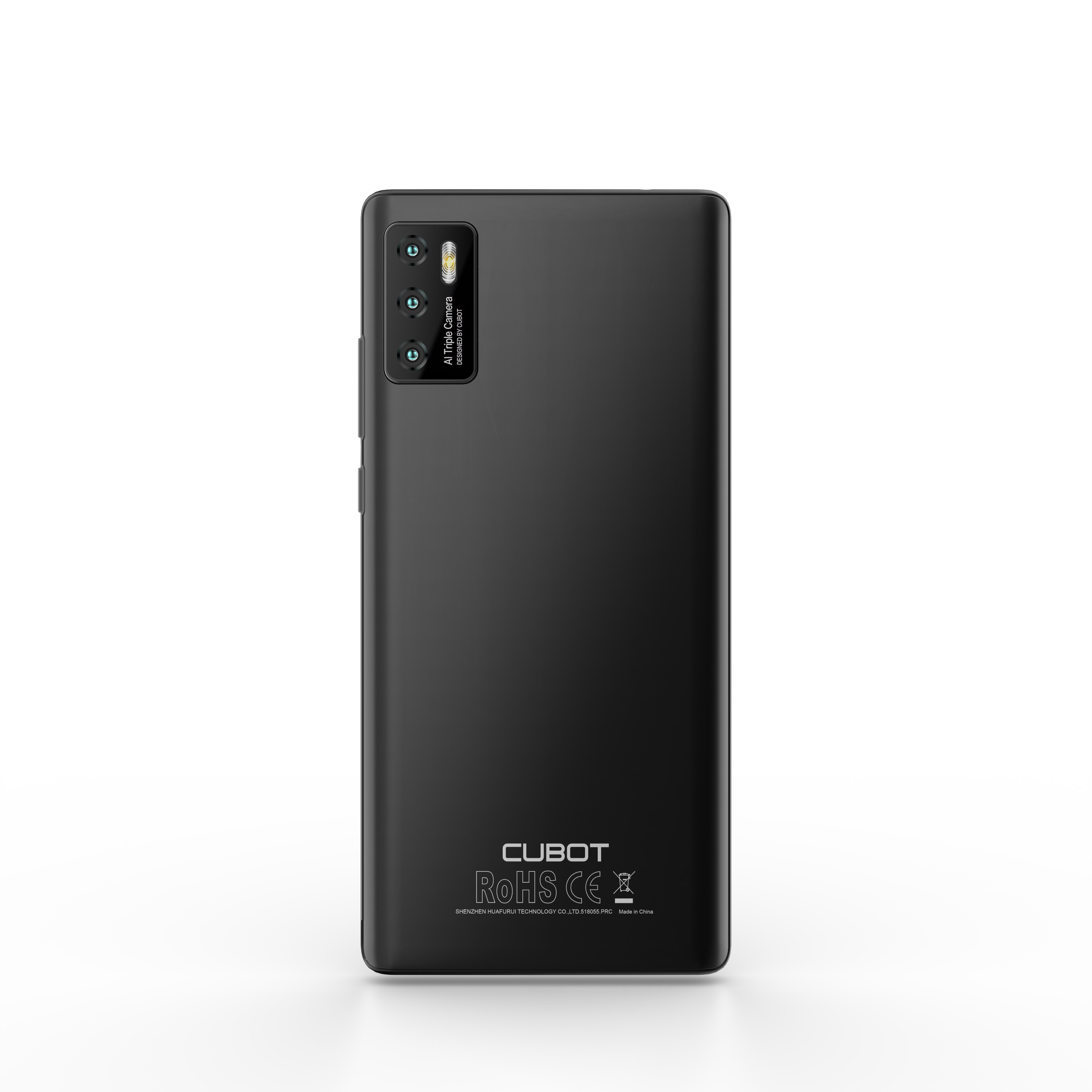 Czarny smartfon z potrójnym aparatem, marką CUBOT i logo ROHS CE. Telefon na białym tle.