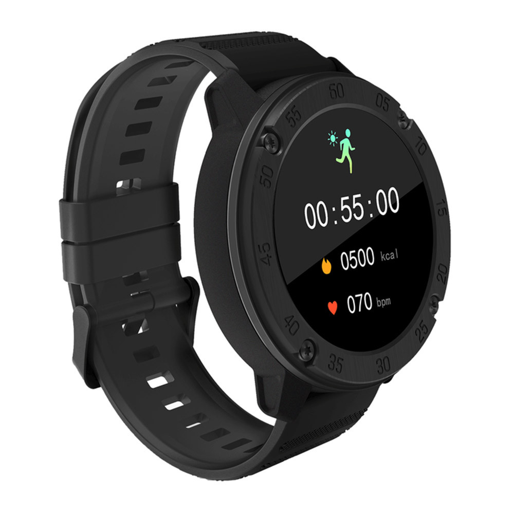 Uno smartwatch nero mostra tempo, calorie e frequenza cardiaca. Ha un cinturino nero e uno schermo circolare.