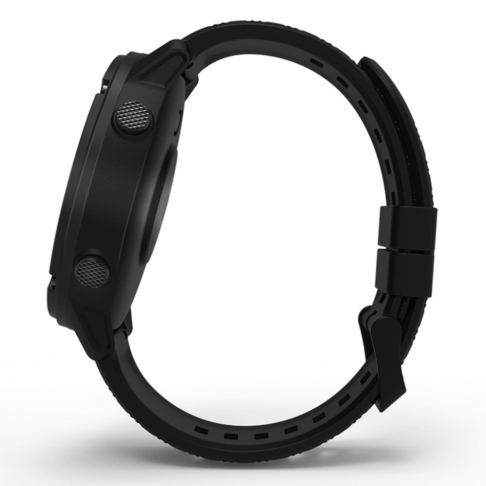 Uno smartwatch nero è mostrato di profilo, con il suo cinturino curvo. Il quadrante ha due pulsanti. Il cinturino è allacciato.