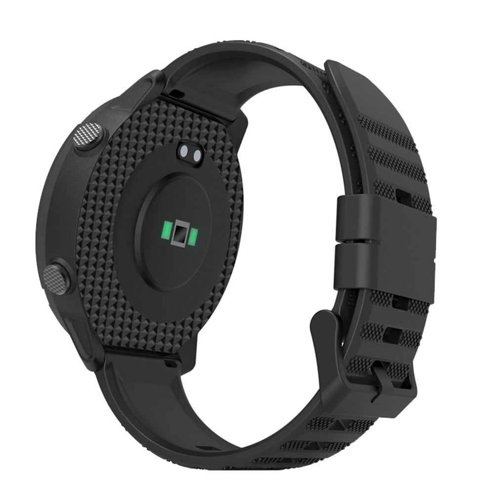 Smartwatch nero, vista posteriore. Presenta retro strutturato, sensori di frequenza cardiaca e cinturino nero con fibbia.