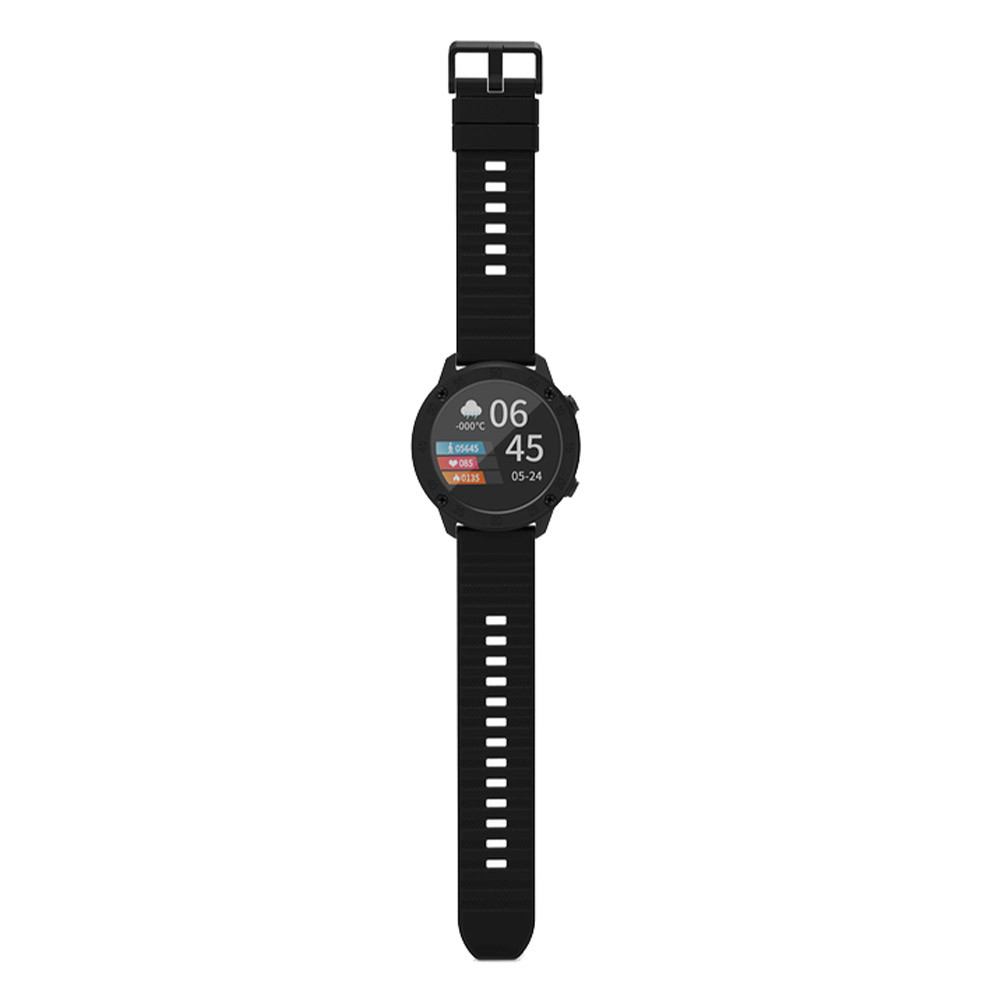 Uno smartwatch nero, che mostra ora e data. Il cinturino è nero con fori. Lo schermo mostra meteo, ora e dati attività.