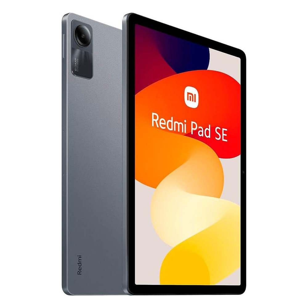 Un tablet Redmi Pad SE grigio mostra uno sfondo astratto colorato con il logo Redmi e il nome del prodotto.