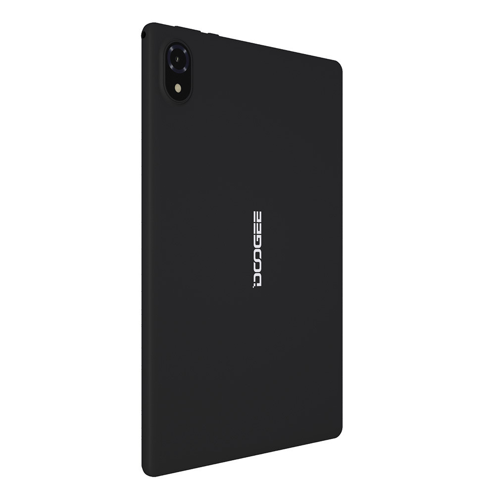 Una tableta negra con el logotipo de Doogee. Tiene una lente de cámara. El fondo es blanco.