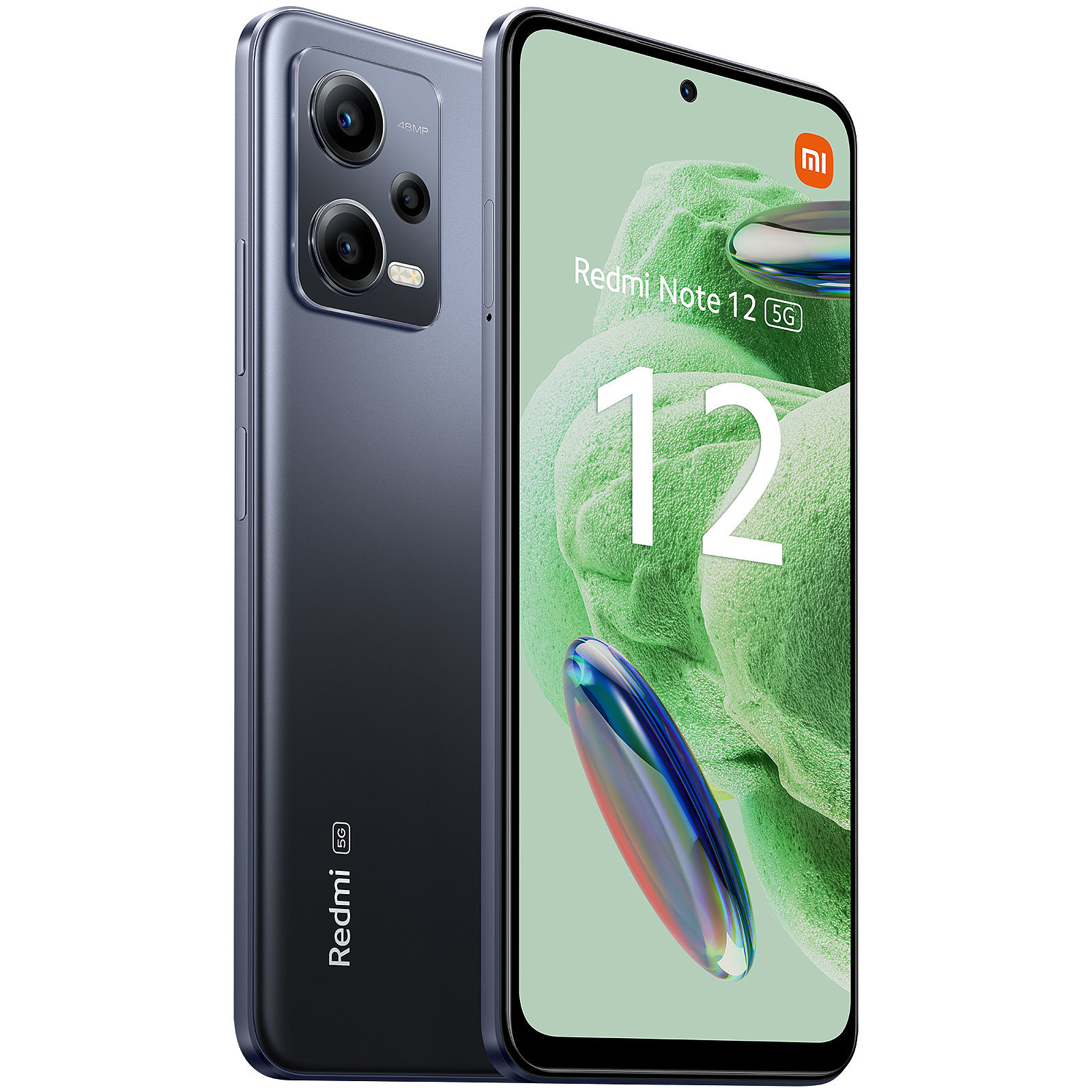 Wyświetlane są dwa smartfony, Redmi Note 12 5G. Jeden pokazuje ekran z numerem 12 i zielonym tłem.