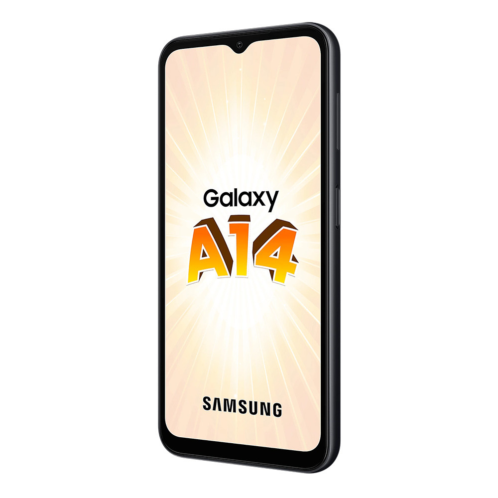 Un teléfono negro Samsung Galaxy A14. La pantalla muestra el nombre, modelo y marca del teléfono.