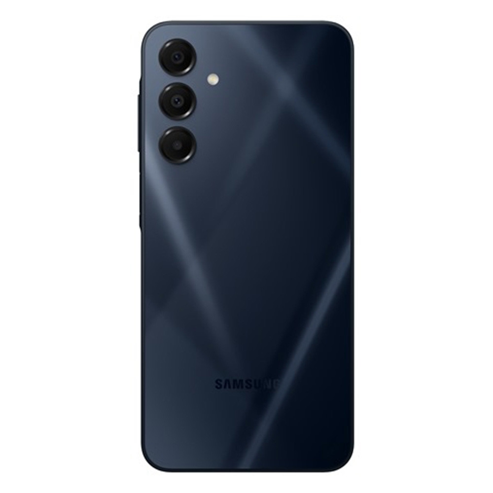 Tył smartfona w kolorze granatowym. Trzy aparaty ustawione pionowo, z lampą błyskową. Logo Samsung na dole.