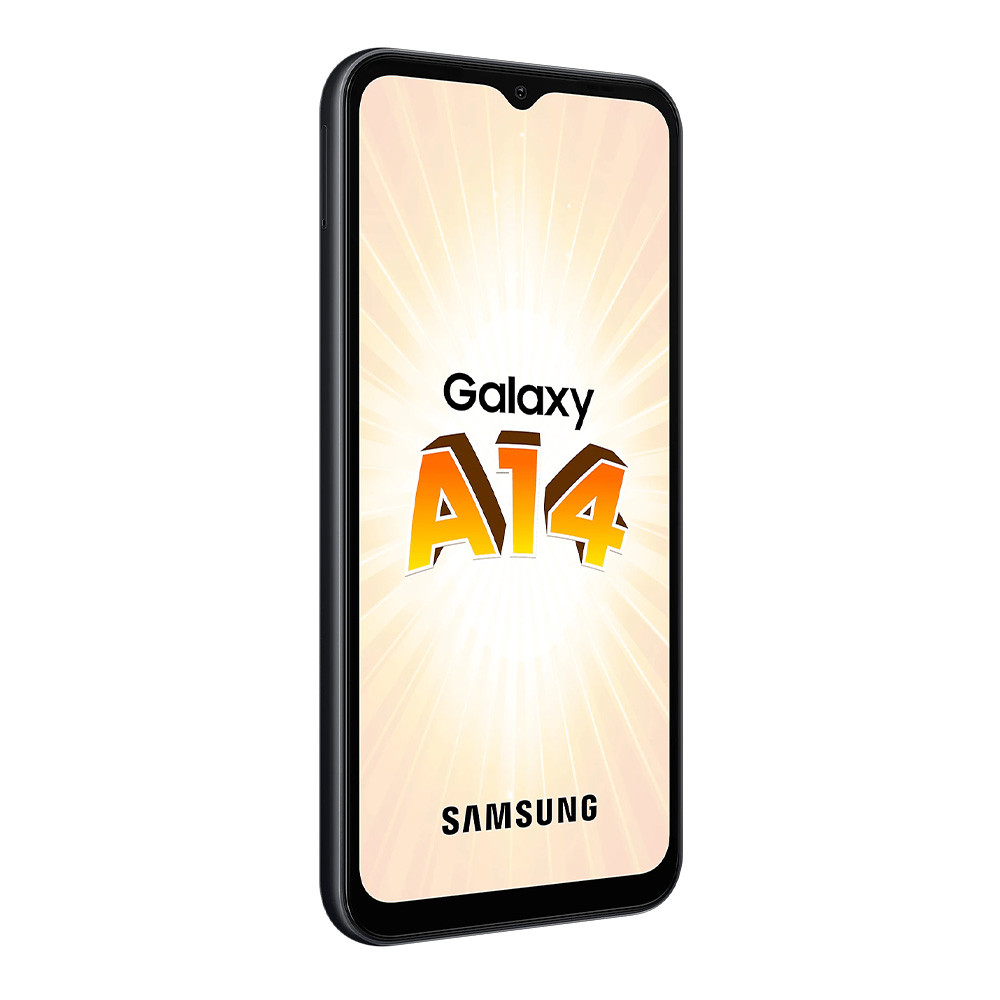 Un teléfono inteligente Samsung Galaxy A14 negro. La pantalla muestra el logo 'Galaxy A14', con un fondo de efecto de luz radial.
