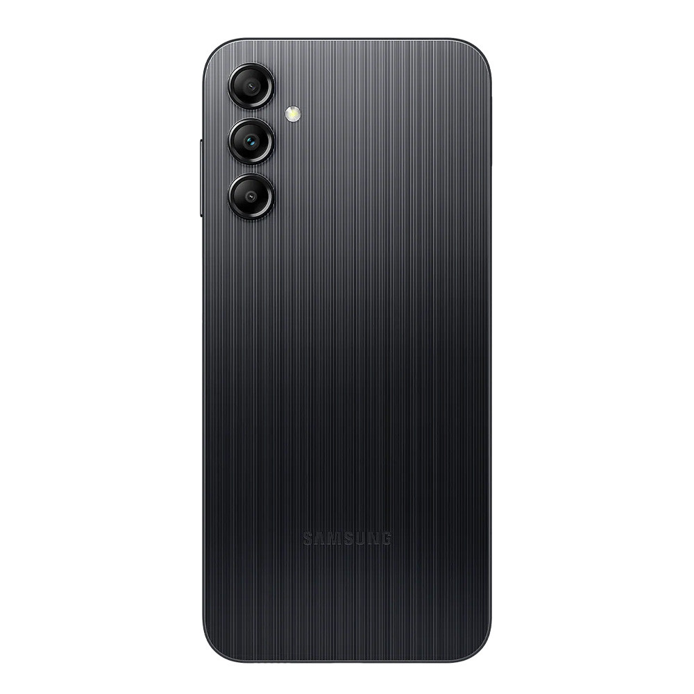 Parte trasera de teléfono Samsung negro. Tres cámaras, flash y textura acanalada. La marca está abajo.