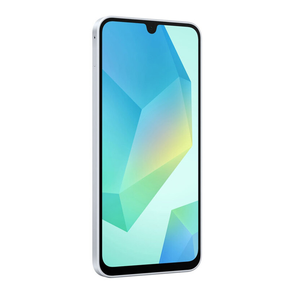 Uno smartphone con cornice bianca. Lo schermo mostra un design astratto con forme geometriche blu, verdi e gialle.