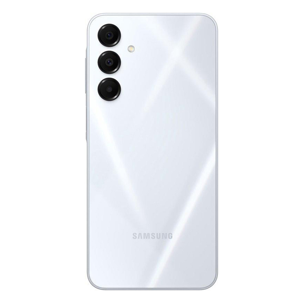 Vista posteriore di un telefono Samsung bianco. Presenta una configurazione a tripla fotocamera, flash e il logo del marchio. Design minimalista.