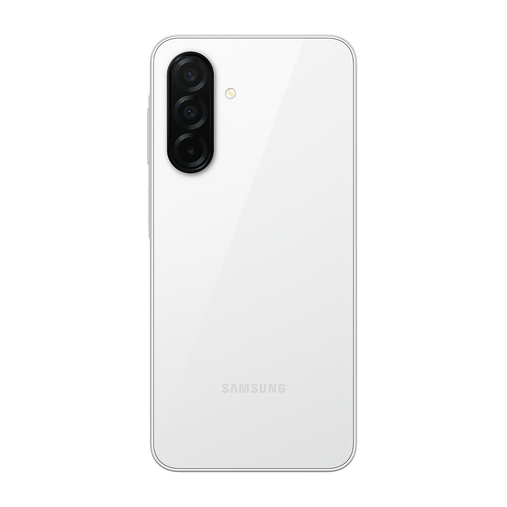 Retro del telefono Samsung bianco con tre fotocamere verticali e il nome del marchio. Il telefono è su sfondo bianco.